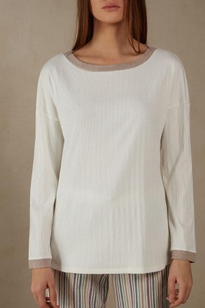 Intimissimi Bordázott Pamut Bateau Neck Long Sleeve Top Pizsama Női Fehér | HUIS3880