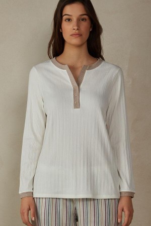 Intimissimi Bordázott Pamut Long Sleeve Henley Top Pizsama Női Fehér | HUYU3882