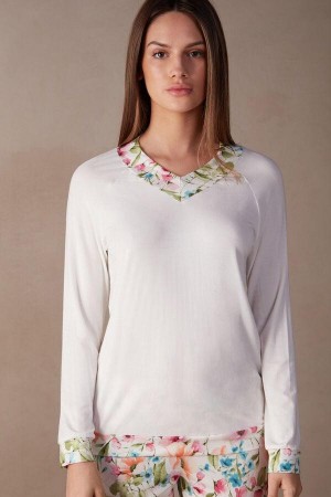 Intimissimi Botanical Lyrics Long Sleeve Modal Top Pizsama Női Fehér | HUVD3916