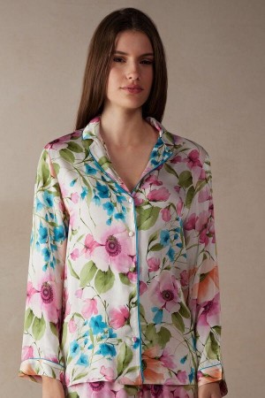 Intimissimi Botanical Lyrics Satin Button Up Shirt Pizsama Női Színes | HUZG3919