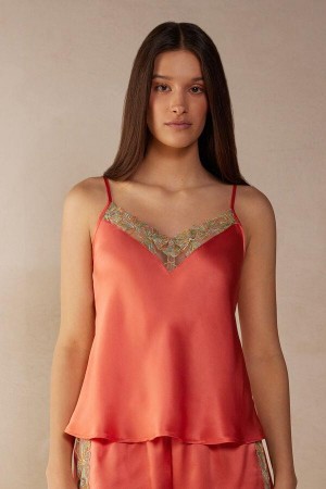 Intimissimi Candy Colors Silk Top Pizsama Női Korall Piros | HUZG3971