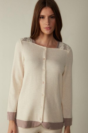 Intimissimi Classic Beauty Long Sleeve Button-Up Top Pizsama Női Bézs | HUSO3876