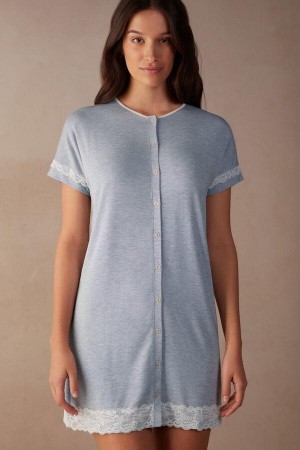 Intimissimi Csipke Trim Button Up Nightgown Pizsama Női Világos Kék | HUAP3843