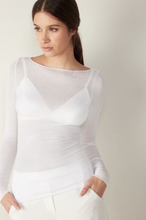 Intimissimi Csónak Neck Modal Cashmere Ultralight Top Hosszú Ujjú Női Fehér | HUYU4246