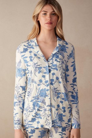 Intimissimi Feeling Beautiful Button Up Shirt in Modal Pizsama Női Fehér Kék | HUHK3924