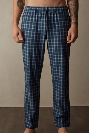 Intimissimi Full Length Pants in Check Patterned Brushed Cloth Pizsama Férfi Kék | HUWY3178