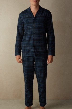 Intimissimi Full Length in Brushed Blue Check Patterned Cloth Pizsama Férfi Kék | HUHK3138