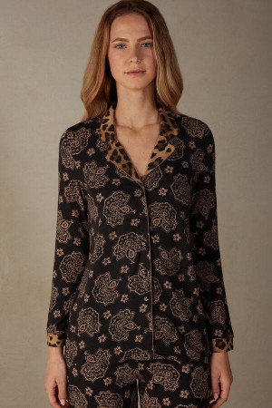 Intimissimi Lady Animalier Modal Shirt Pizsama Női Fekete | HUSO3901