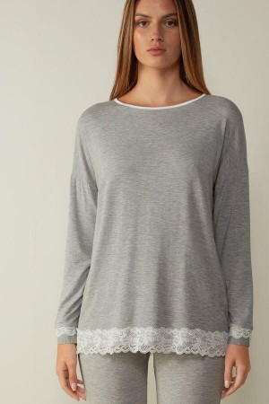 Intimissimi Long-Sleeve Round-Neck Modal Top Pizsama Női Világos Szürke | HUZG3867