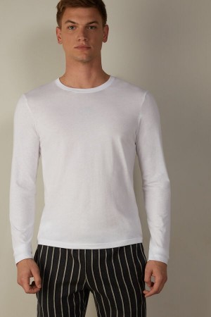 Intimissimi Long-Sleeve Supima® Pamut Top Pizsama Férfi Fehér | HUKI3162