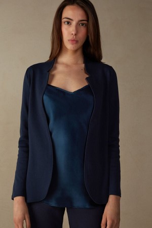 Intimissimi Long-Sleeved Pamut Interlock Cardigan Kabát Női Kék | HUMA4277