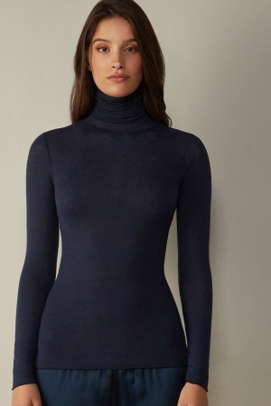 Intimissimi Modal Cashmere Ultralight High-Neck Top Hosszú Ujjú Női Kék | HUIS4217