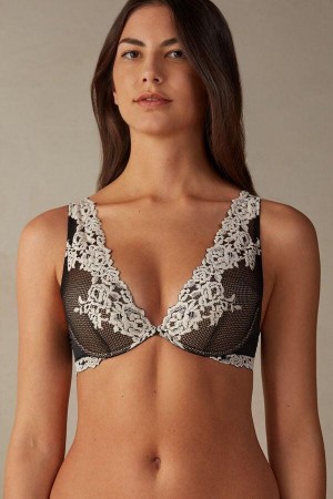 Intimissimi Pretty Flowers Elena Balconette Melltartók Női Fekete Fehér | HUEX4819