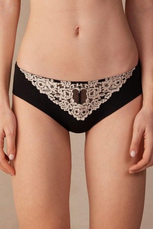 Intimissimi Pretty Flowers Seamless Pamut Bugyi Női Fekete Fehér | HUAP3642