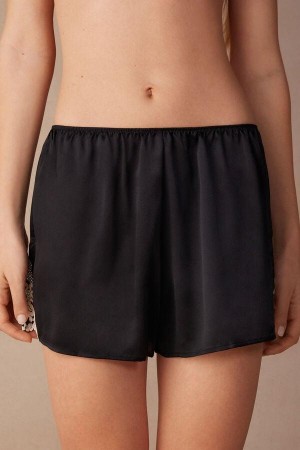 Intimissimi Pretty Flowers Silk Shorts Pizsama Női Fekete Fehér | HUPQ4059