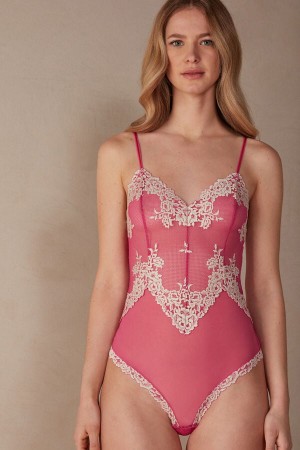 Intimissimi Pretty Flowers Tulle and Csipke Body Női Rózsaszín Fehér | HUCE4177