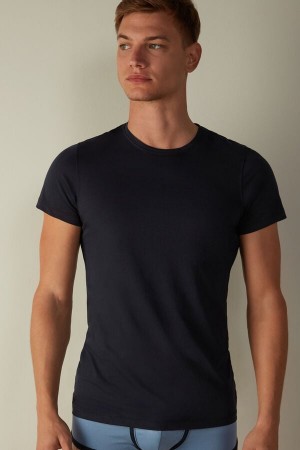 Intimissimi Rövid-Sleeve Crew-Neck T-Shirt in Extra-Fine Supima® Pamut Pizsama Férfi Kék | HUJJ3163