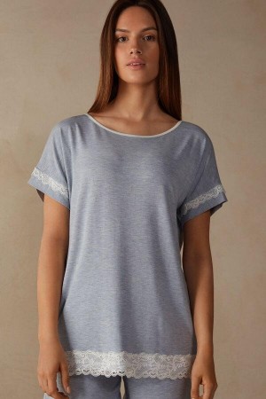 Intimissimi Rövid-Sleeve Modal Top with Csipke Detail Pizsama Női Világos Kék | HUWY3938