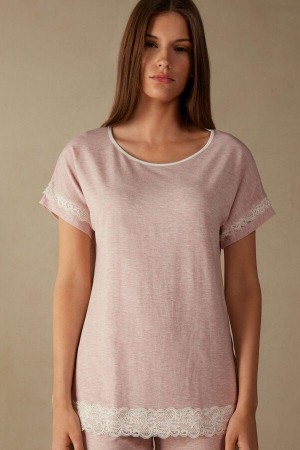 Intimissimi Rövid-Sleeve Modal Top with Csipke Detail Pizsama Női Világos Rózsaszín | HUEX3937