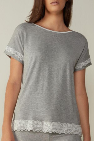 Intimissimi Rövid-Sleeve Modal Top with Csipke Detail Pizsama Női Világos Szürke | HUDN3927