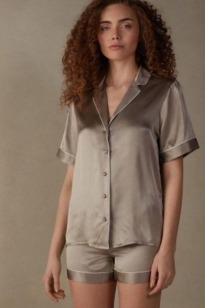 Intimissimi Rövid Sleeve Silk Shirt with Contrast Trim Pizsama Női Bézs | HUIS3932