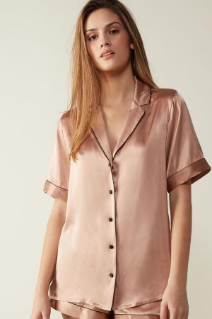 Intimissimi Rövid Sleeve Silk Shirt with Contrast Trim Pizsama Női Rózsaszín | HUAP3929