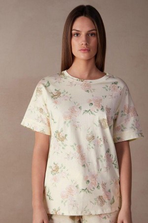 Intimissimi Scent of Roses Rövid Sleeve Pamut T-shirt Pizsama Női Színes Fehér | HUPQ3955