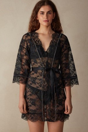 Intimissimi Shine High Like Stars Csipke Kimono Pizsama Női Fekete | HUUT3854