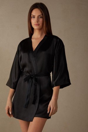 Intimissimi Silk Kimono Pizsama Női Fekete | HUPQ3844