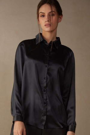 Intimissimi Silk Shirt Hosszú Ujjú Női Fekete | HUOR4243