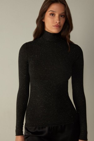 Intimissimi Turtleneck Top in Modal Light with Cashmere Lamé Hosszú Ujjú Női Fekete | HUIS4244