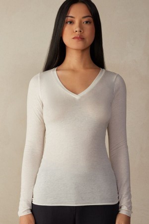 Intimissimi V-neck top in Modal Ultralight with Cashmere Hosszú Ujjú Női Világos Sárga | HUZG4231