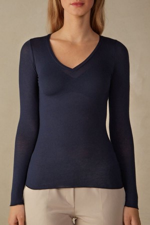 Intimissimi V-neck top in Modal Ultralight with Cashmere Hosszú Ujjú Női Kék | HUXF4230