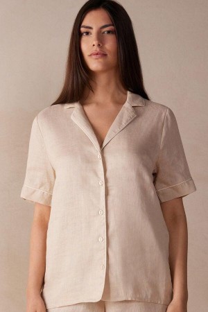 Intimissimi Yacht Night Linen Rövid Sleeve Shirt Pizsama Női Bézs | HUMA3965