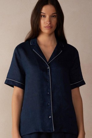 Intimissimi Yacht Night Linen Rövid Sleeve Shirt Pizsama Női Kék | HUQZ3964