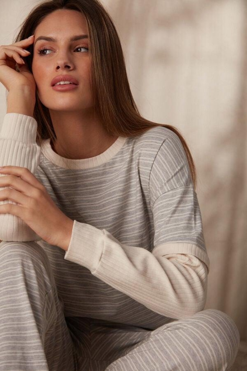 Intimissimi Alkalmi Sunday Long Sleeve Top Pizsama Női Szürke Világos Sárga Bézs | HUXF3918