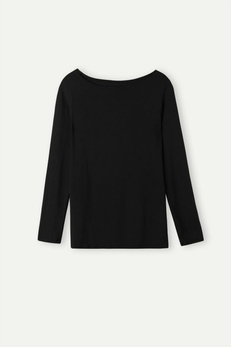 Intimissimi Bateau Neck Top in Micromodal Hosszú Ujjú Női Fekete | HUHK4236