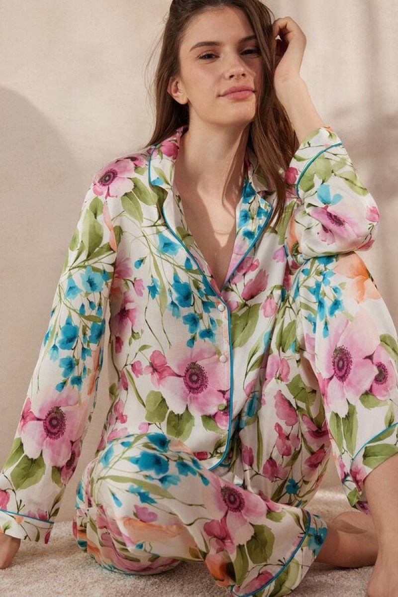 Intimissimi Botanical Lyrics Satin Button Up Shirt Pizsama Női Színes | HUZG3919