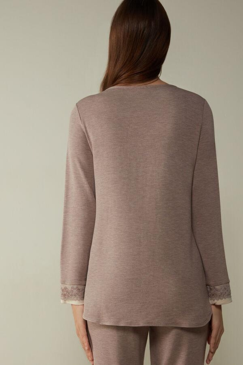 Intimissimi Classic Beauty Bateau Neck Long Sleeve Top Pizsama Női Világos Lila | HUDN3875