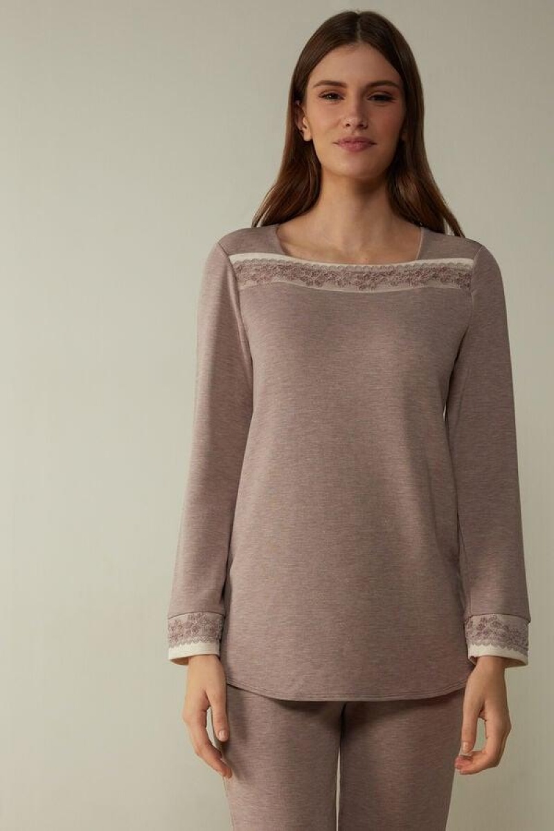 Intimissimi Classic Beauty Bateau Neck Long Sleeve Top Pizsama Női Világos Lila | HUDN3875