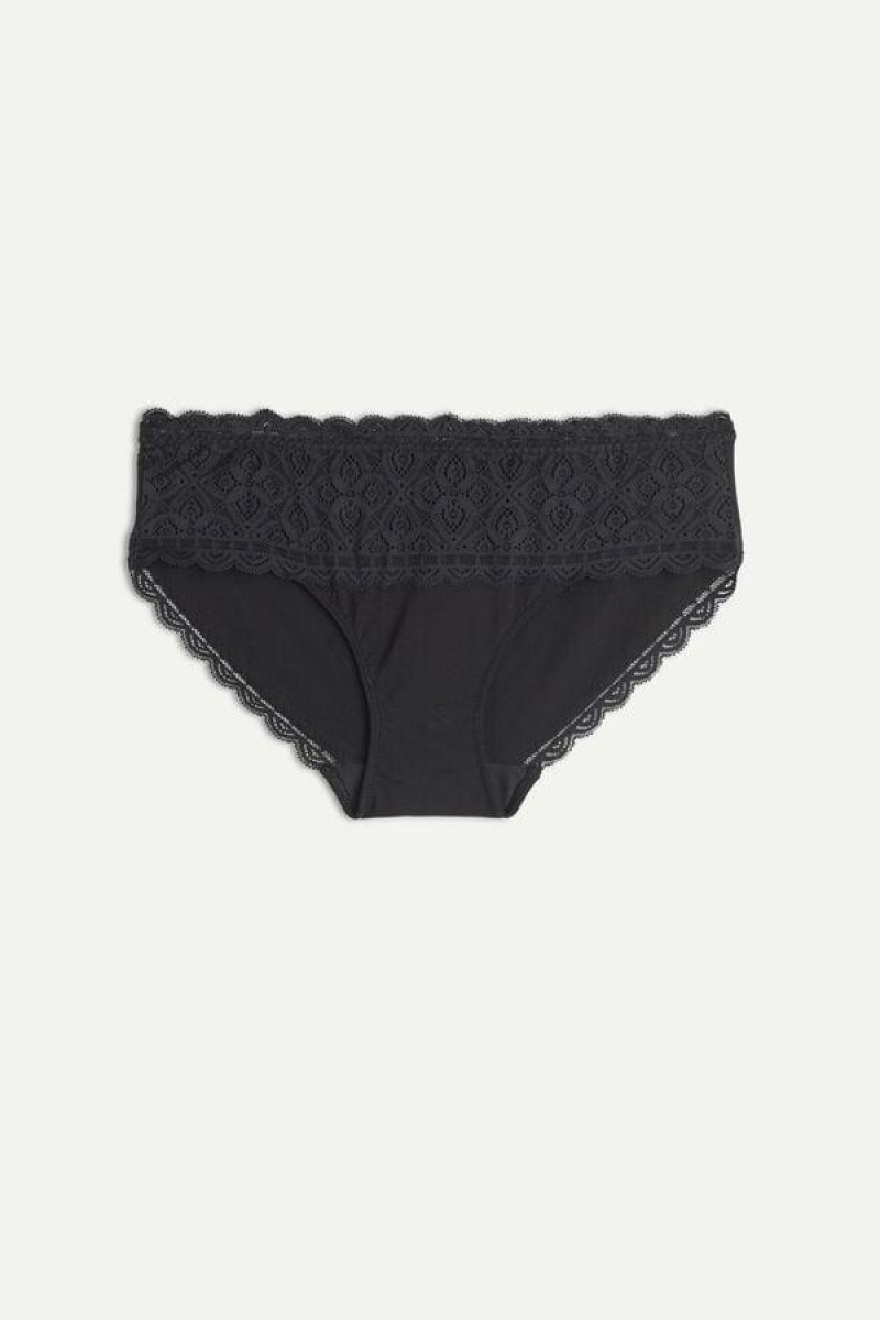 Intimissimi Csipke and Pamut High Rise Bugyi Női Fekete | HURW3624