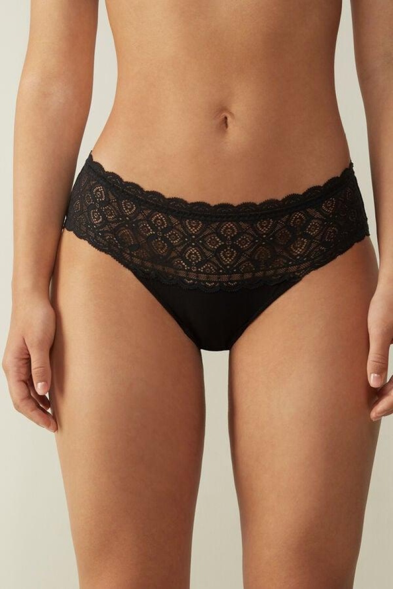 Intimissimi Csipke and Pamut High Rise Bugyi Női Fekete | HURW3624