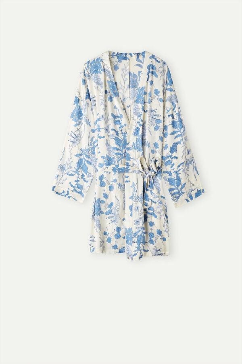 Intimissimi Feeling Beautiful Satin Kimono Pizsama Női Fehér Kék | HUVD3864