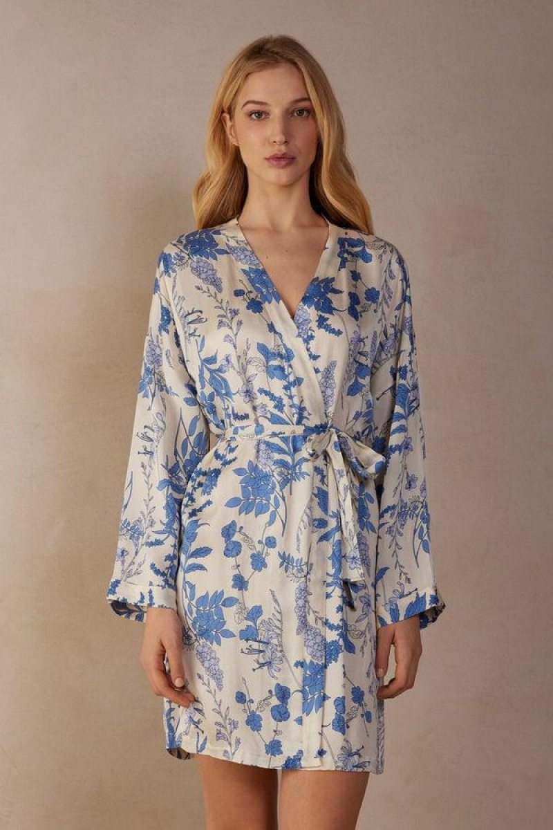 Intimissimi Feeling Beautiful Satin Kimono Pizsama Női Fehér Kék | HUVD3864