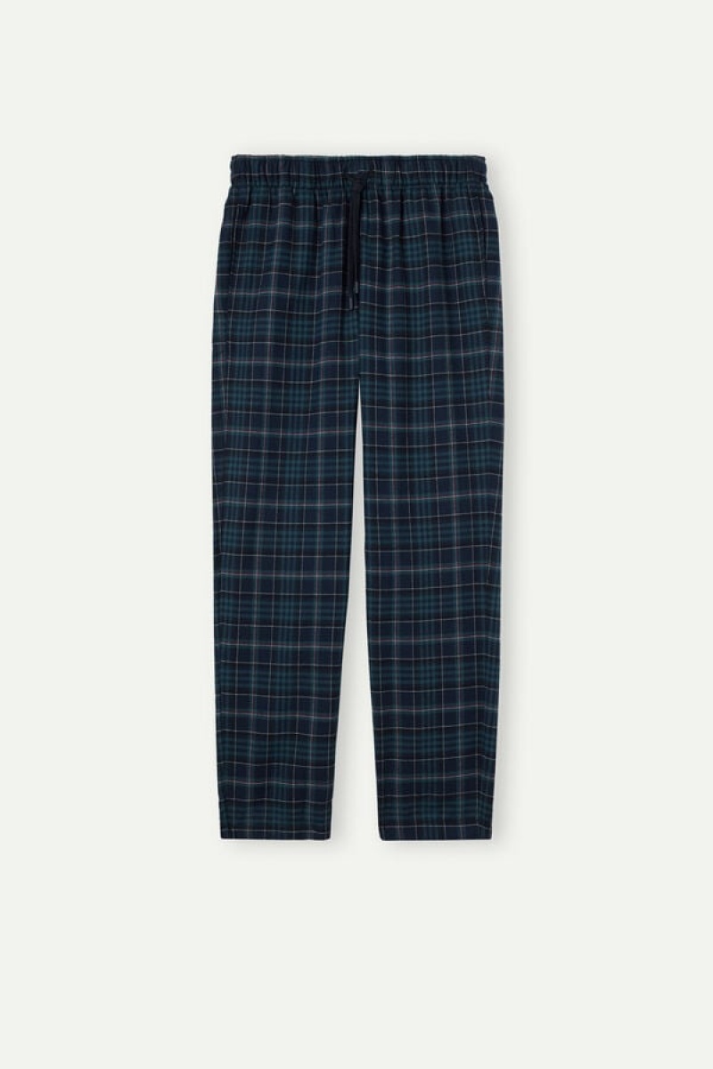 Intimissimi Full Length Pants in Green and Blue Plaid Brushed Cloth Pizsama Férfi Zöld Kék | HUMA3180