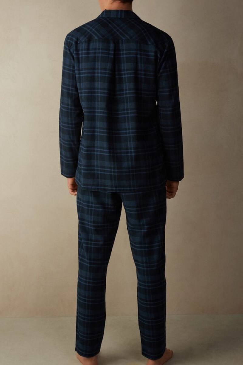 Intimissimi Full Length in Brushed Blue Check Patterned Cloth Pizsama Férfi Kék | HUHK3138