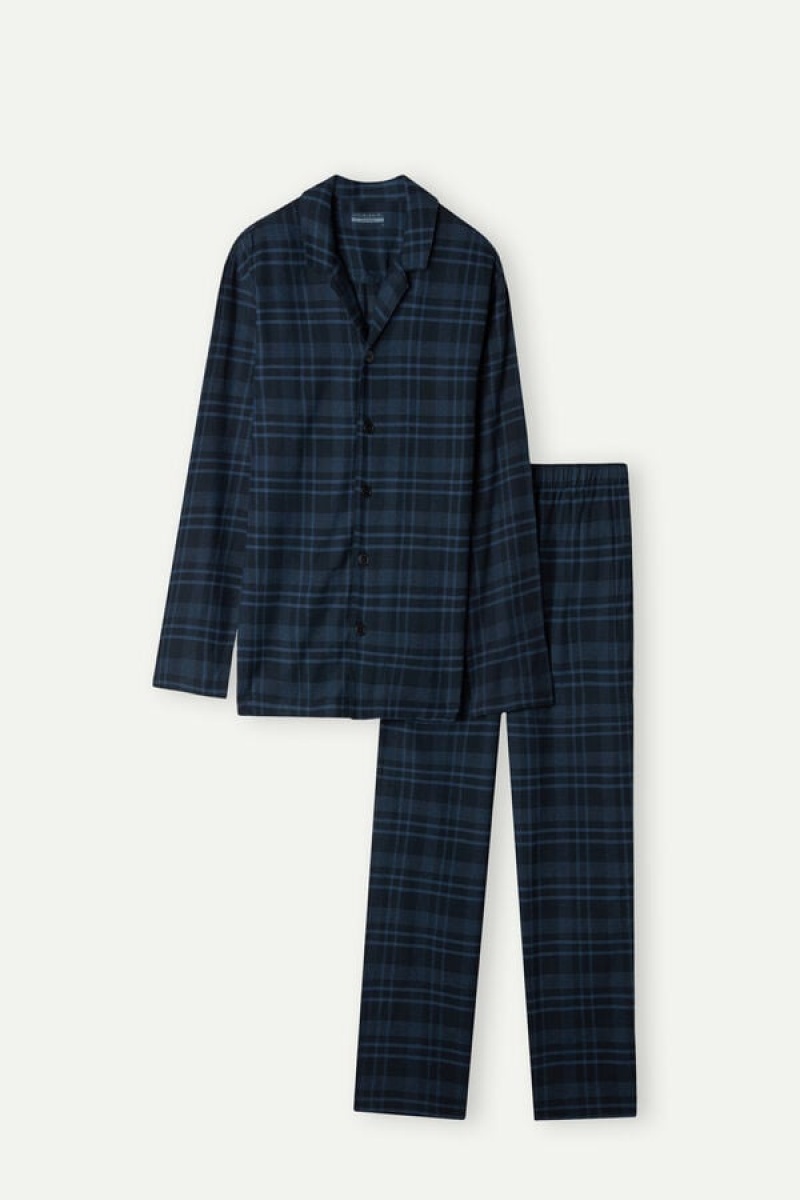 Intimissimi Full Length in Brushed Blue Check Patterned Cloth Pizsama Férfi Kék | HUHK3138