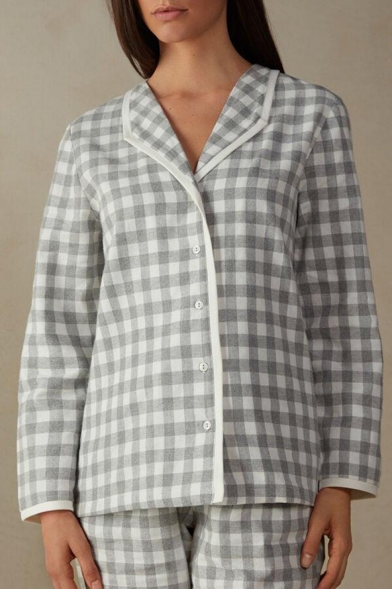 Intimissimi Gingham Lover Shirt in Brushed Cloth Pizsama Női Szürke | HUUT3881