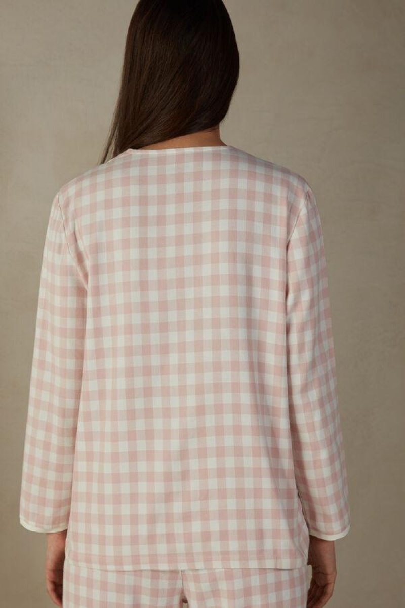 Intimissimi Gingham Lover Shirt in Brushed Cloth Pizsama Női Rózsaszín | HUPQ3878