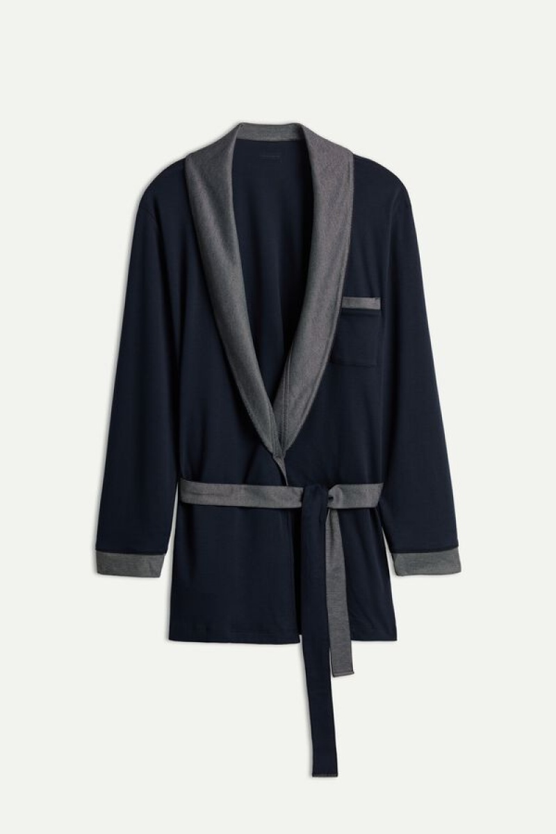 Intimissimi Interlock Pamut Smoking Jacket Pizsama Férfi Kék | HUUT3173